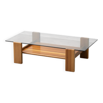 Vintage coffee table in glass and wood, modernist design, 1970s