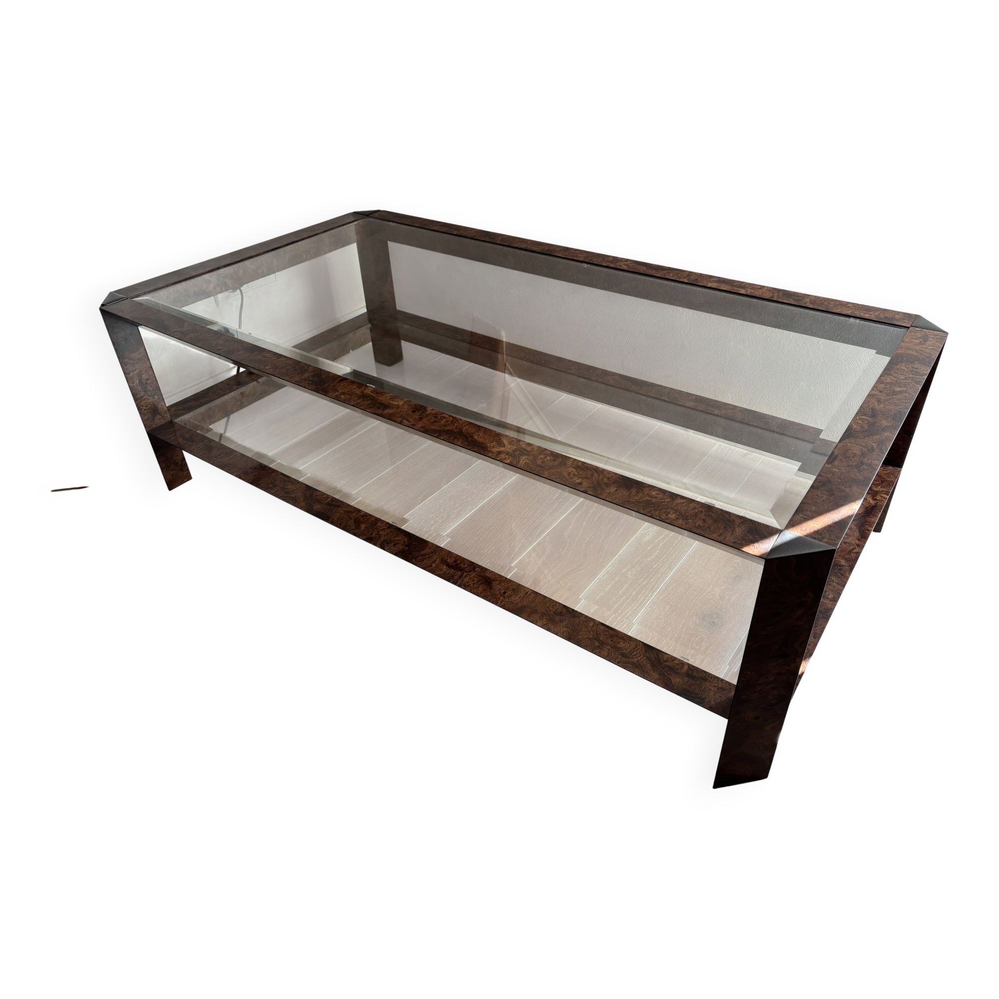 Vintage coffee table in elm burl and glass