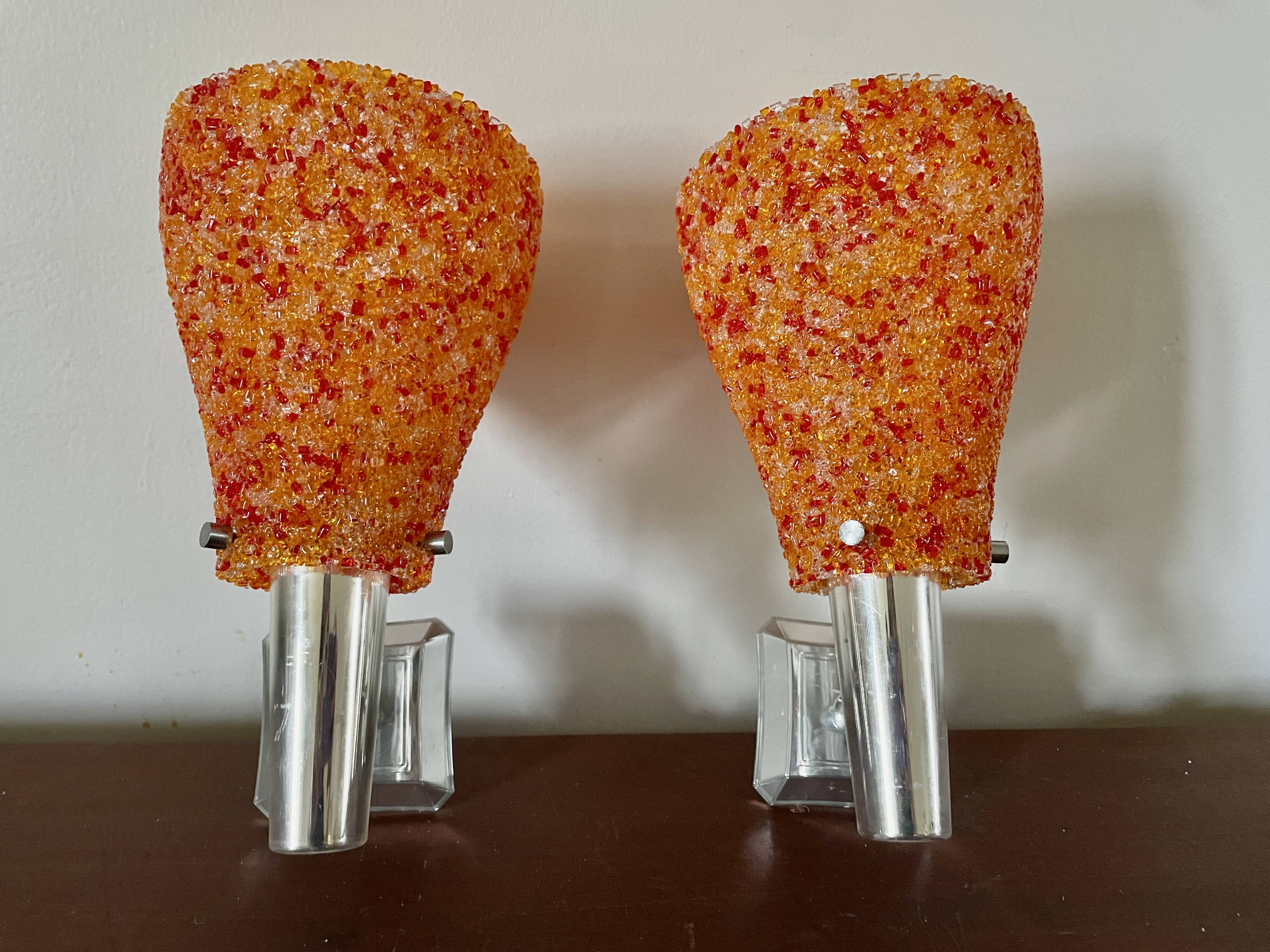 Pair of orange perspex wall lights from the 1950s.