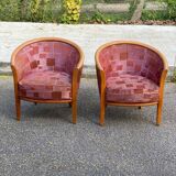 2 club chairs in curved solid wood and embroidered silk burgundy fabric.