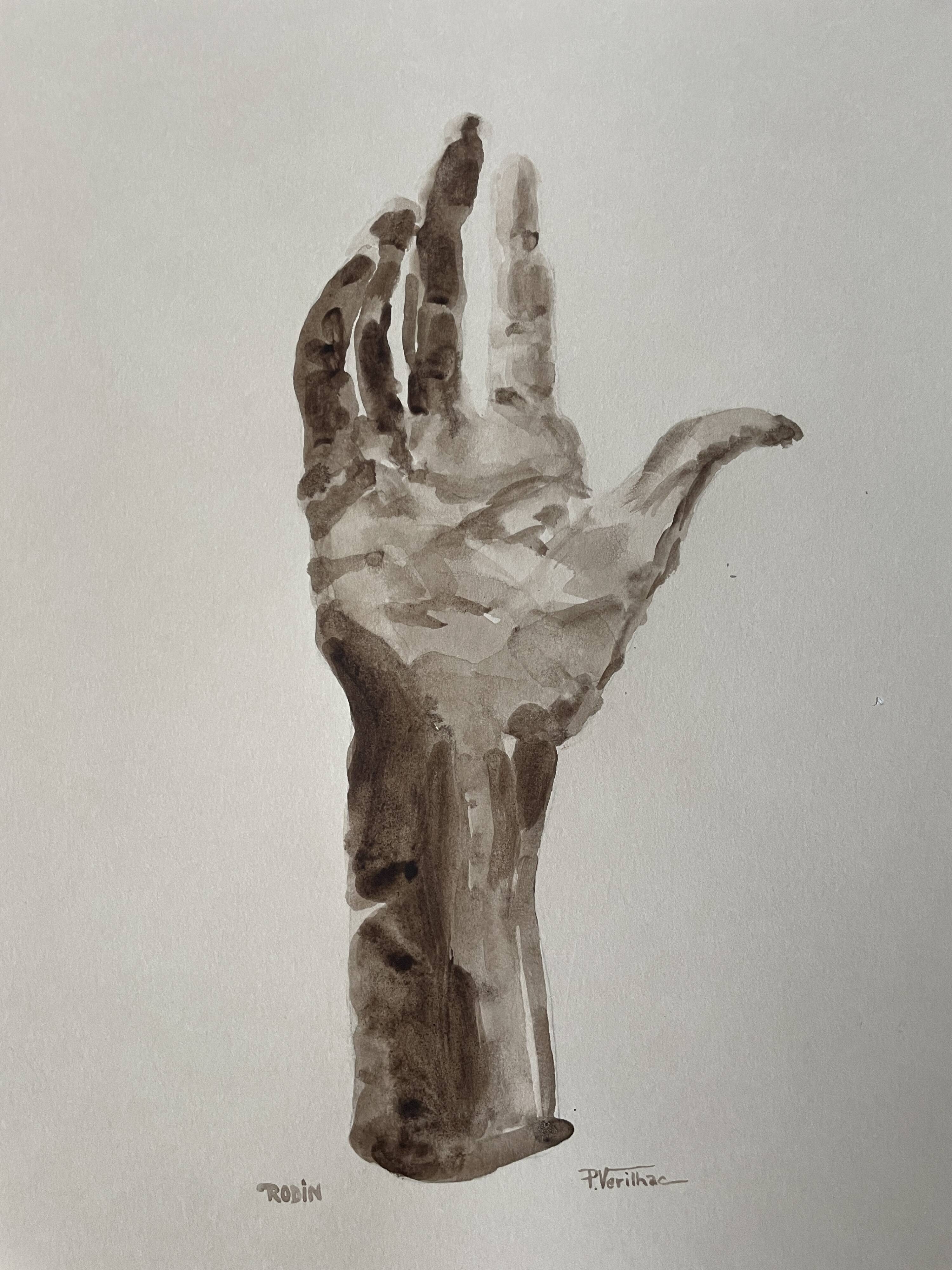 Painting signed watercolor monochrome sepia study statue “the hand reveals the man”