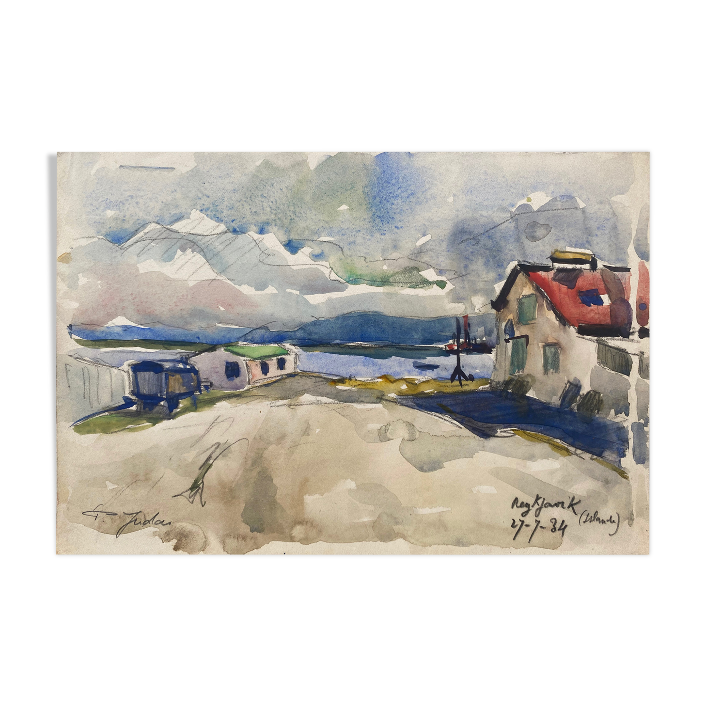 Original watercolor from 1934 Road book Signed Reykjavik Iceland