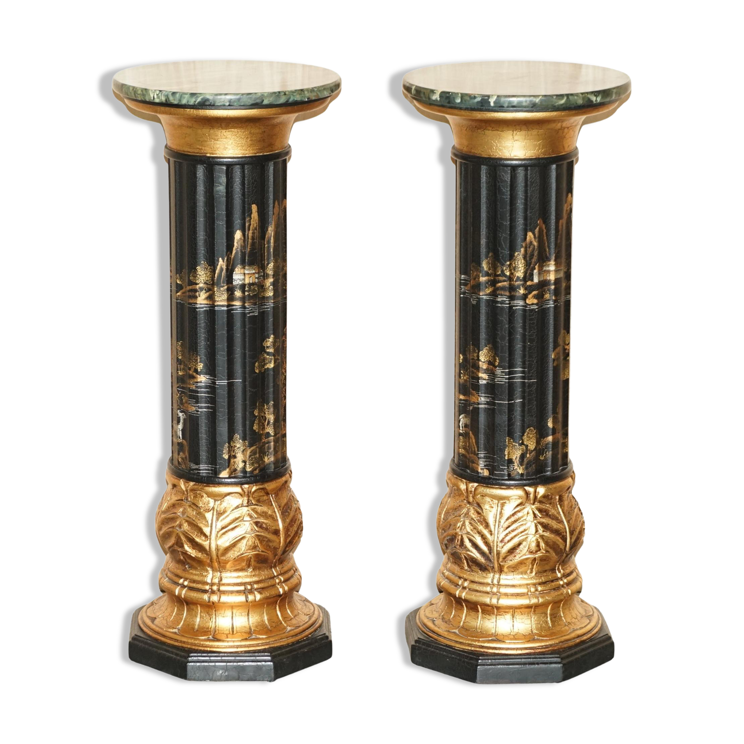 Pair of lacquered torchère columns in Chinoiserie neoclassical style.
