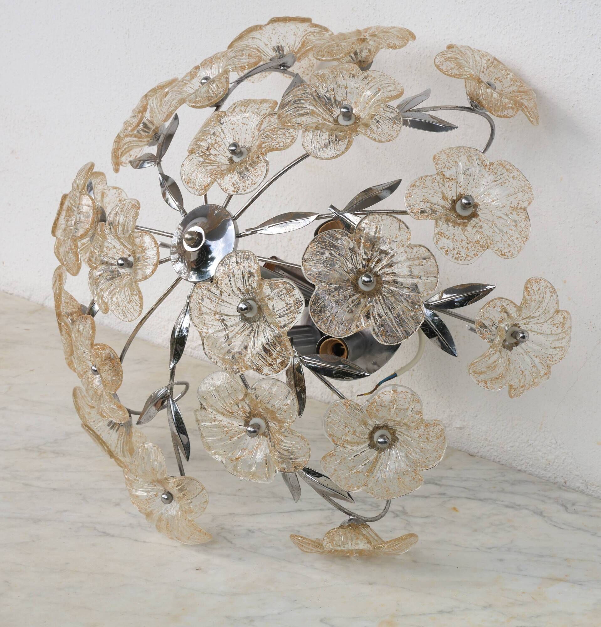 Wonderful Gold and Transparent Murano Glass Ceiling Light Flower