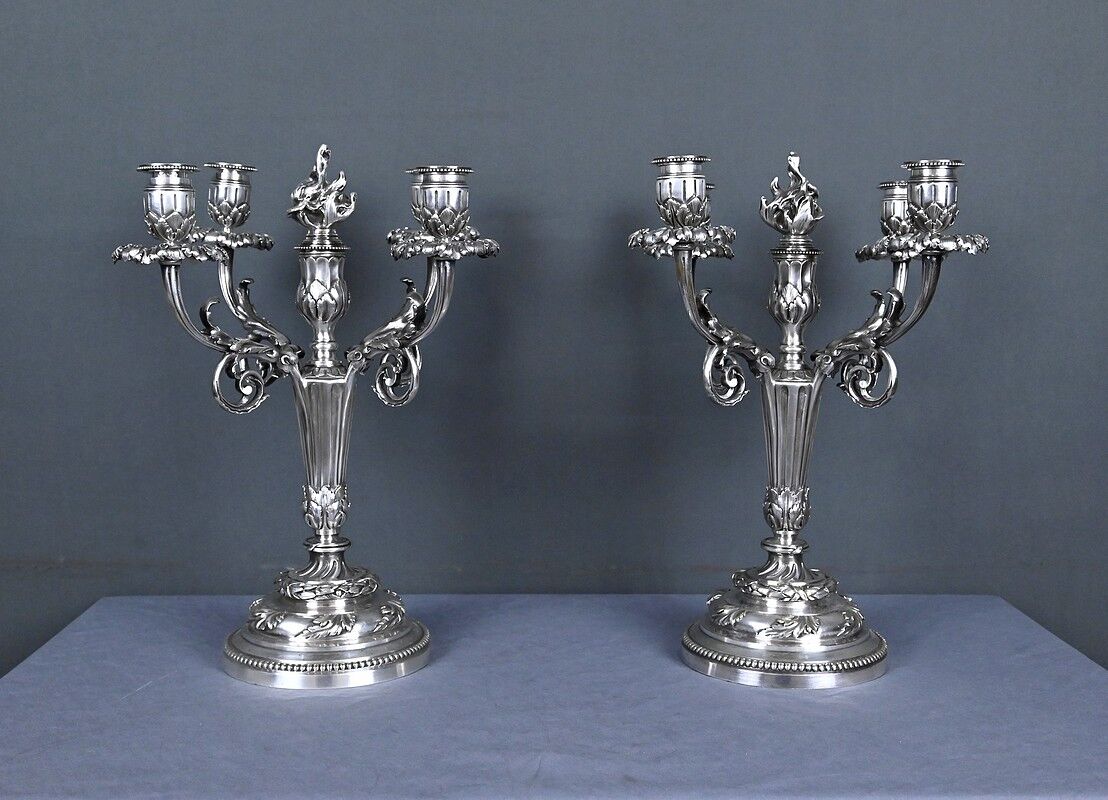 Pair of silver-plated candelabra, Louis XVI style – late 19th century