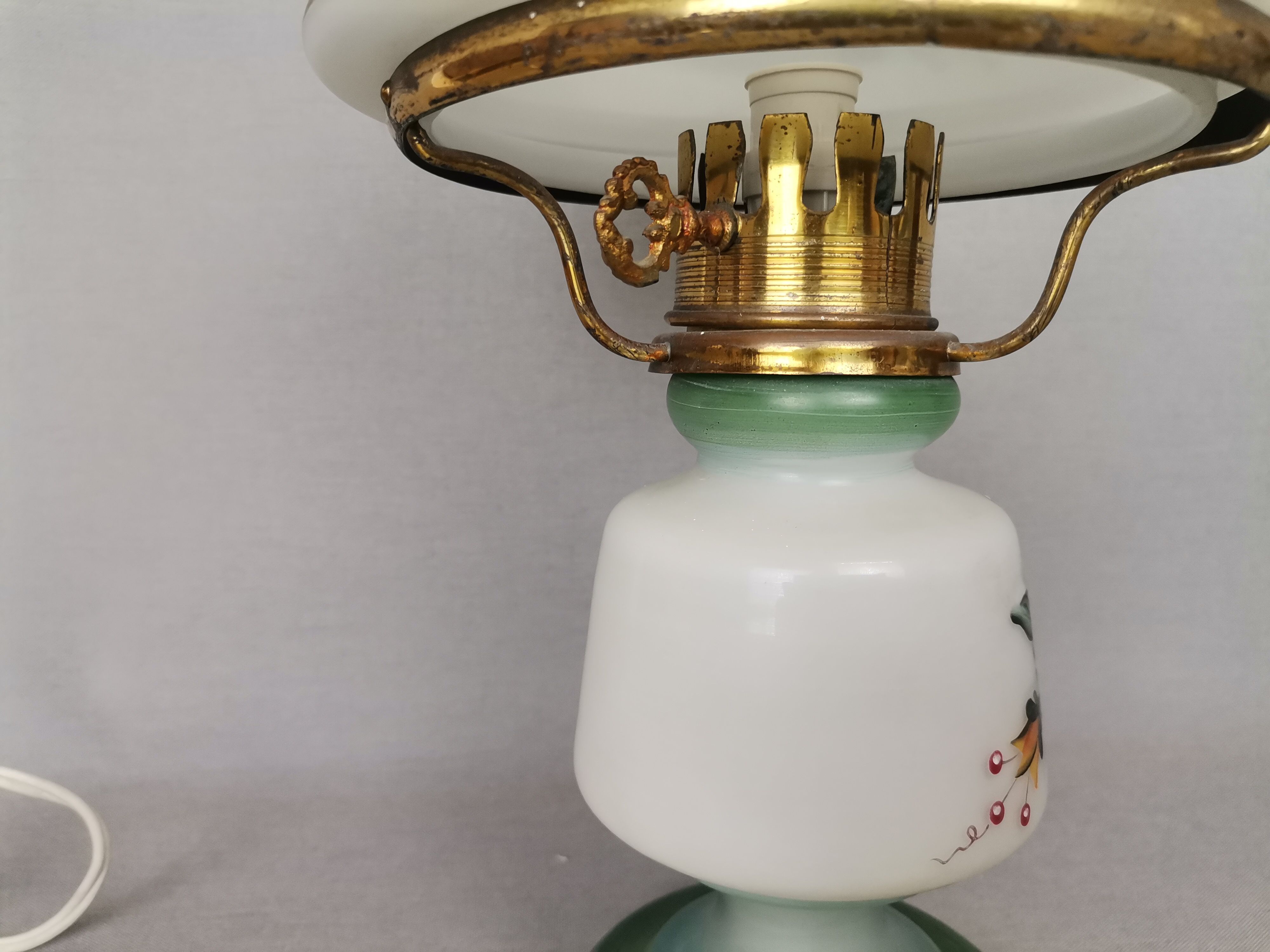 French country 1960s rustic green ceramic and glass vintage table lamp