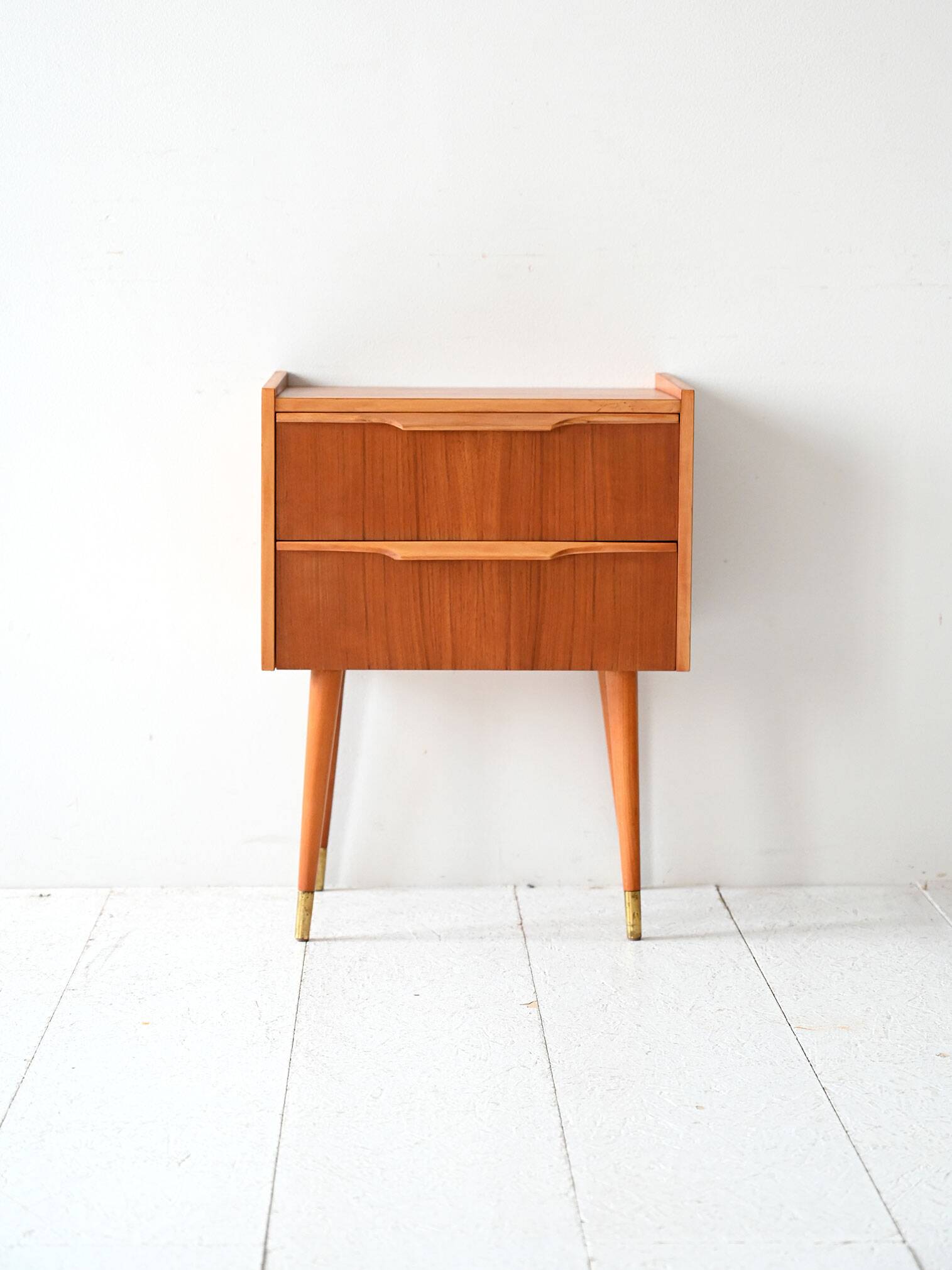 1950s Scandinavian Teak Nightstand with Brass-Tipped Legs