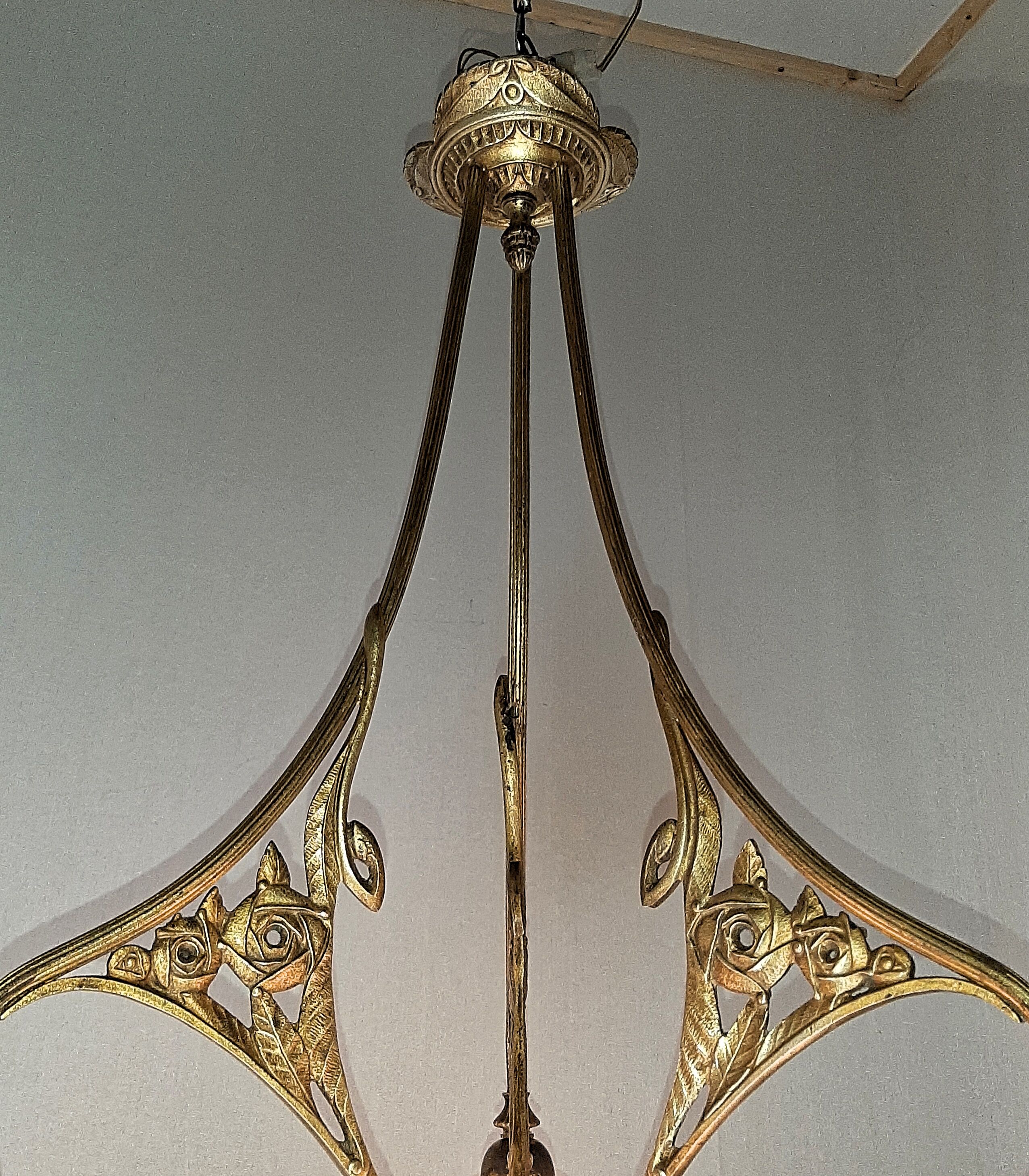 P. crespy art deco chandelier blend of bronze, pink, yellow