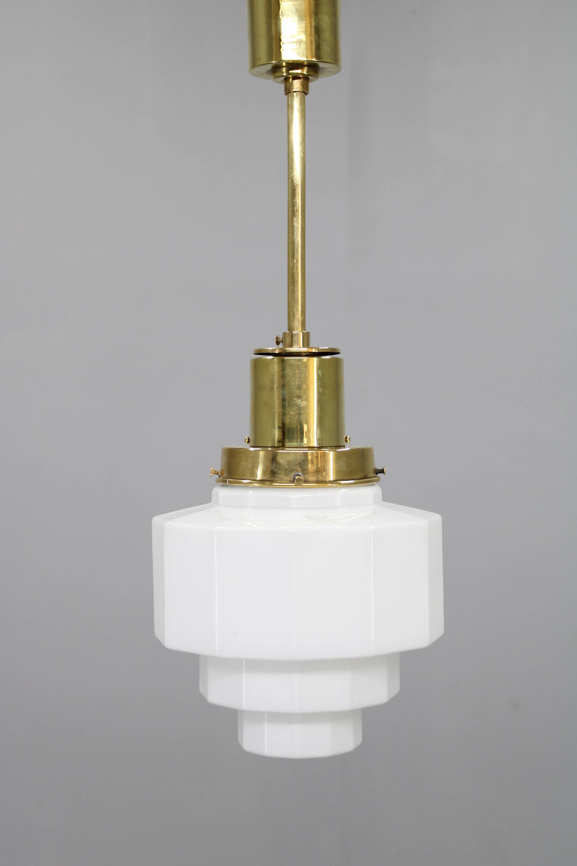 Art Deco brass and opaline glass pendant, Czechoslovakia, 1930s