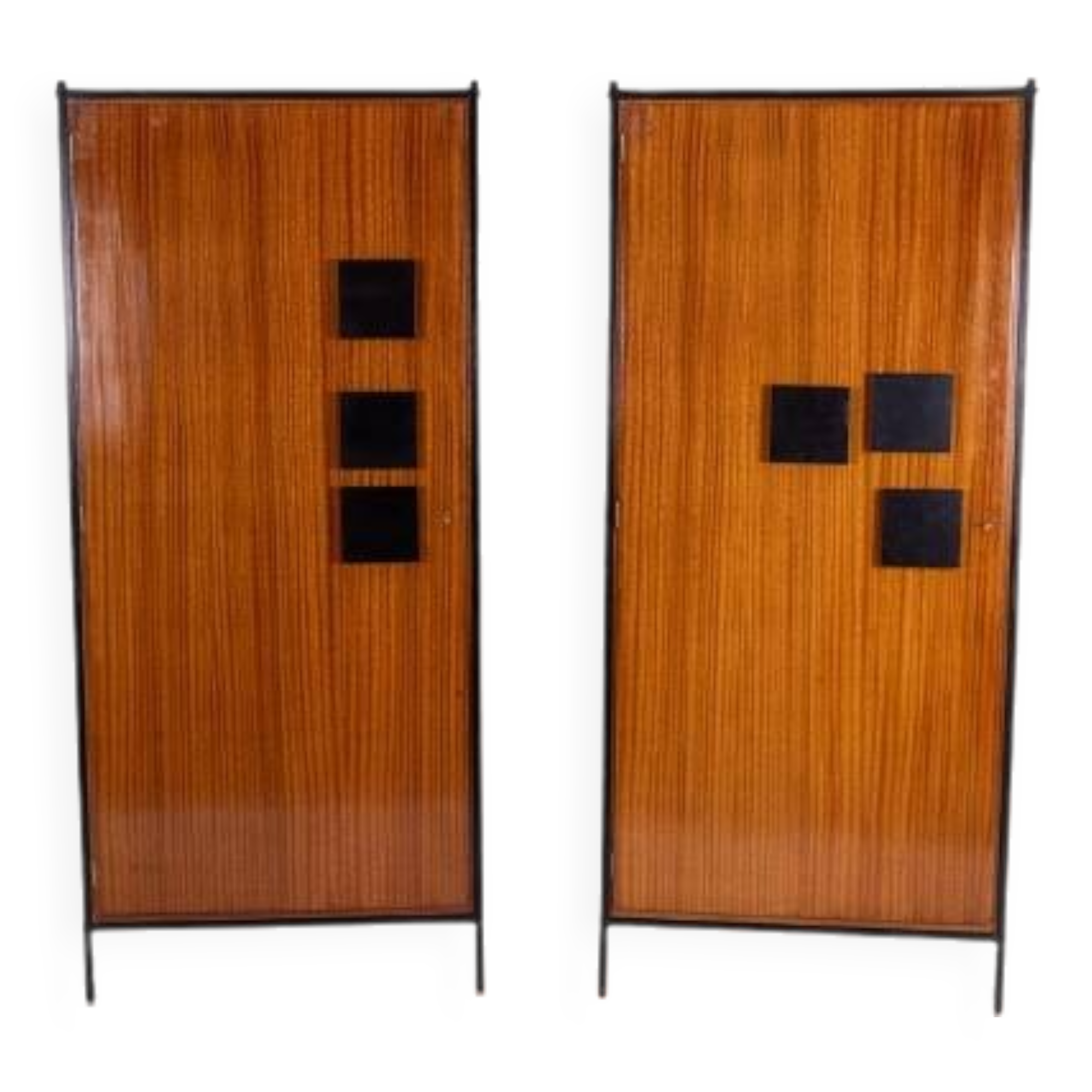 Pair of mahogany veneer and black lacquered iron cabinets. 1950s.
