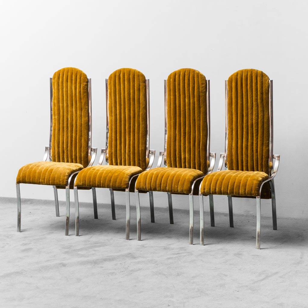 Ensemble de 4 chaises en métal velours jaune 1970 vintage modernisme
