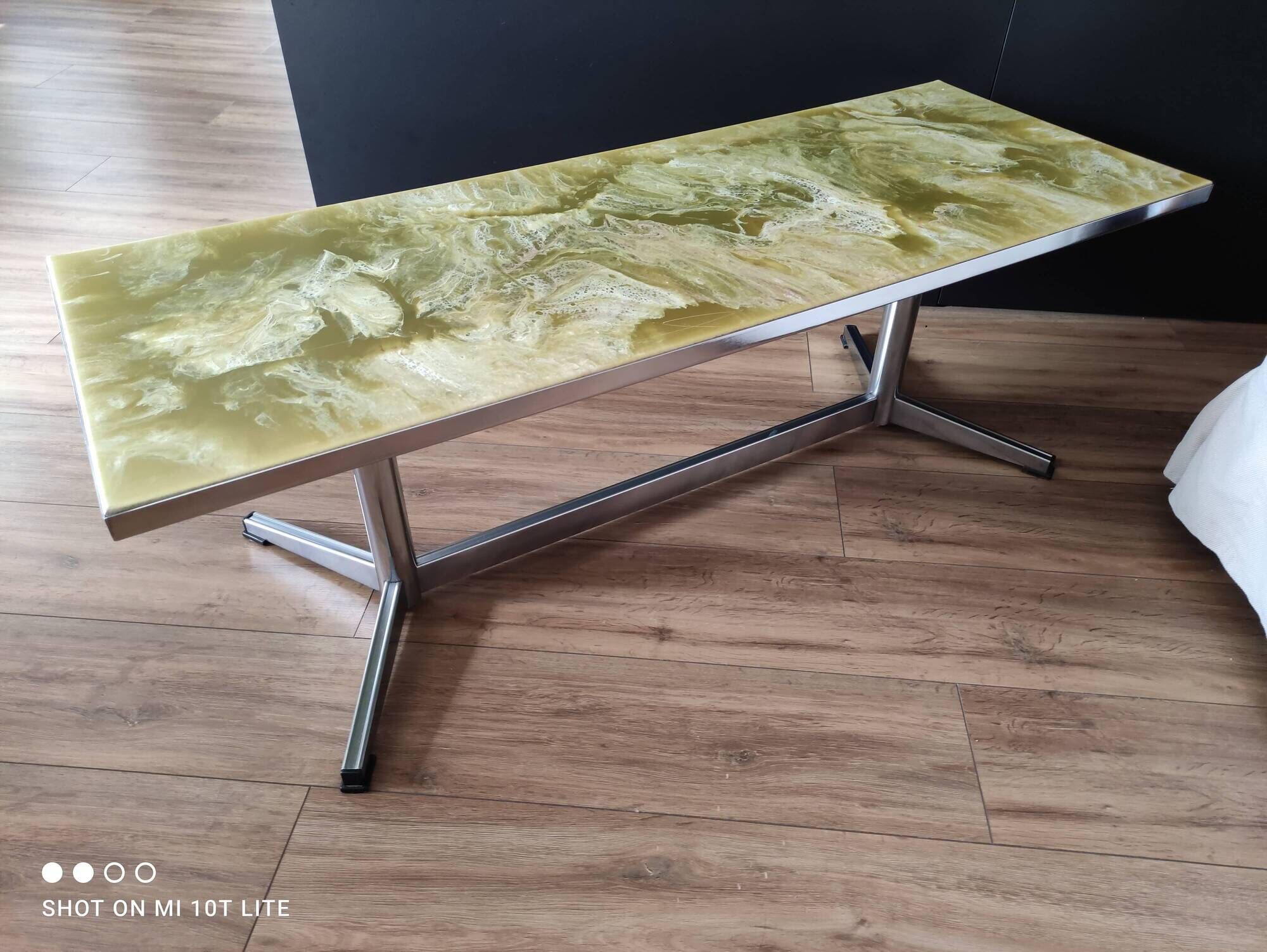 Vintage coffee table 70s chrome base and top resin effect marble green water