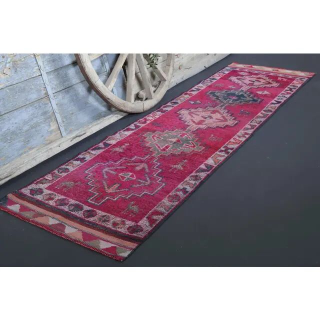1970s Vintage Turkish Hand-Knotted Wool Cotton Purple Runner Rug 87x310