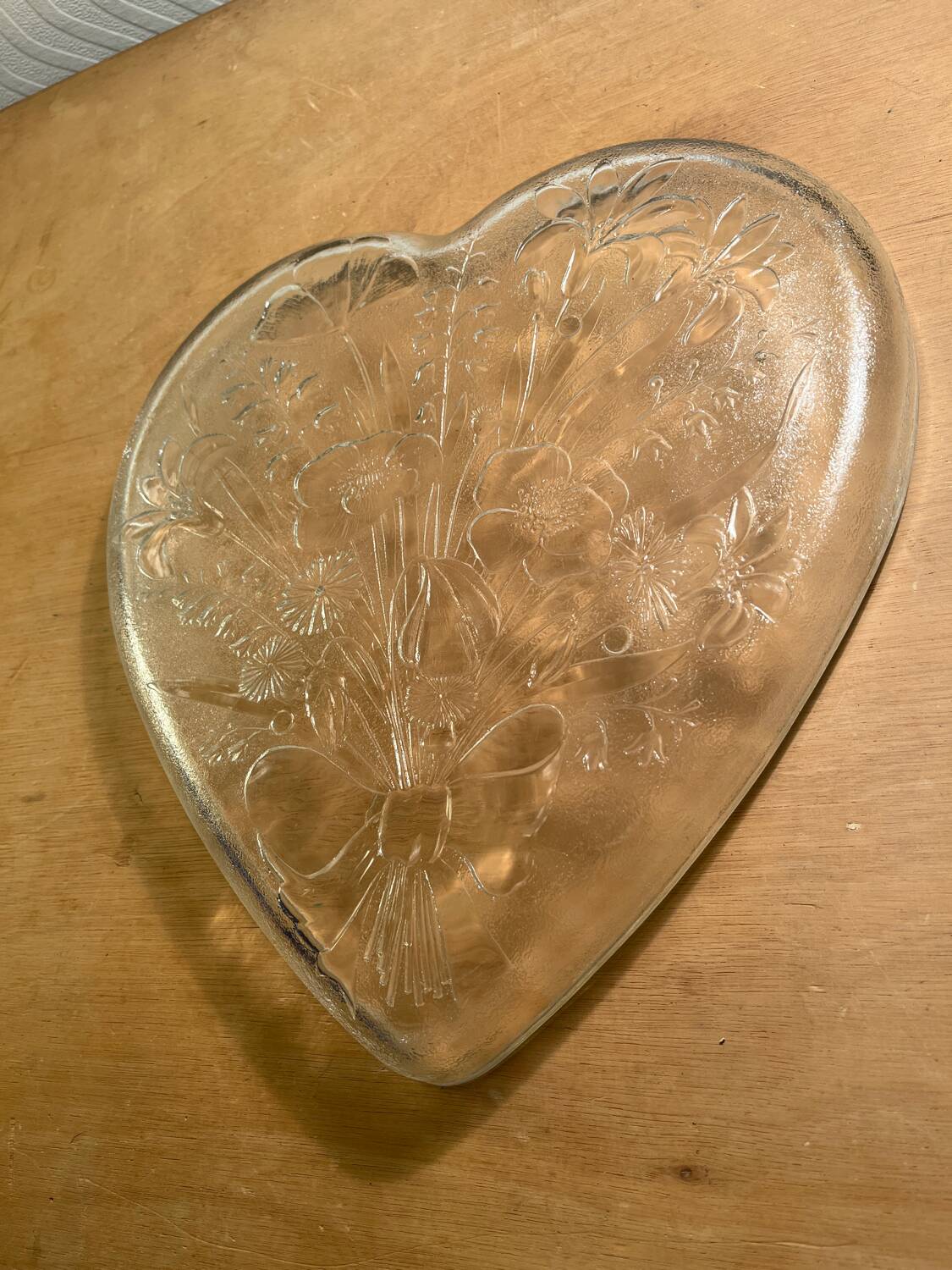 Vintage etched glass heart shaped dish with floral pattern