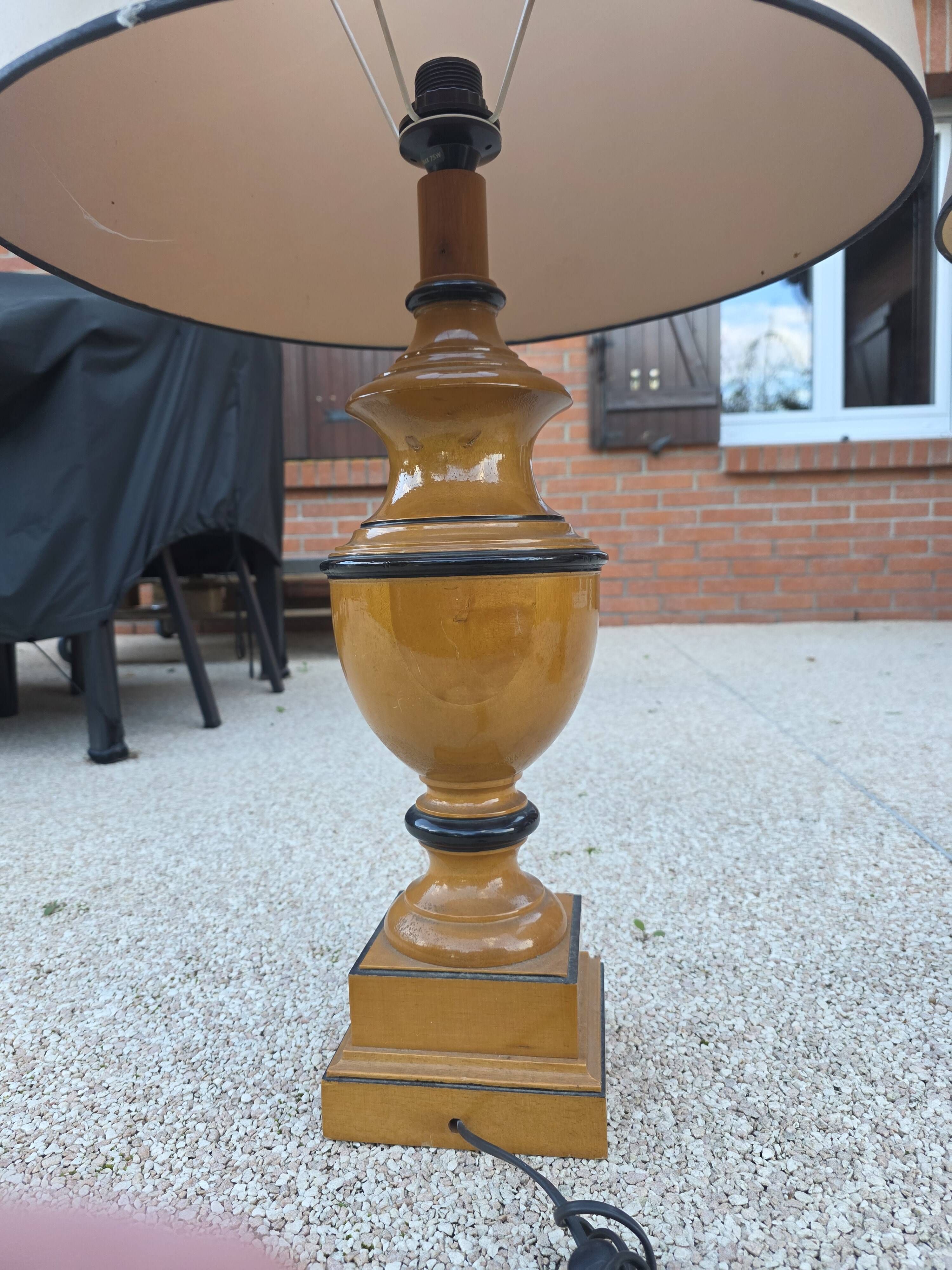 Pair of large Le Dauphin Verdennes lamps made of turned wood from the 1970s.