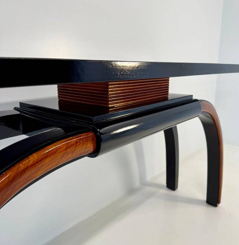 Italian 1940s Art Deco Console in Black Lacquer, Walnut and Maple Burl