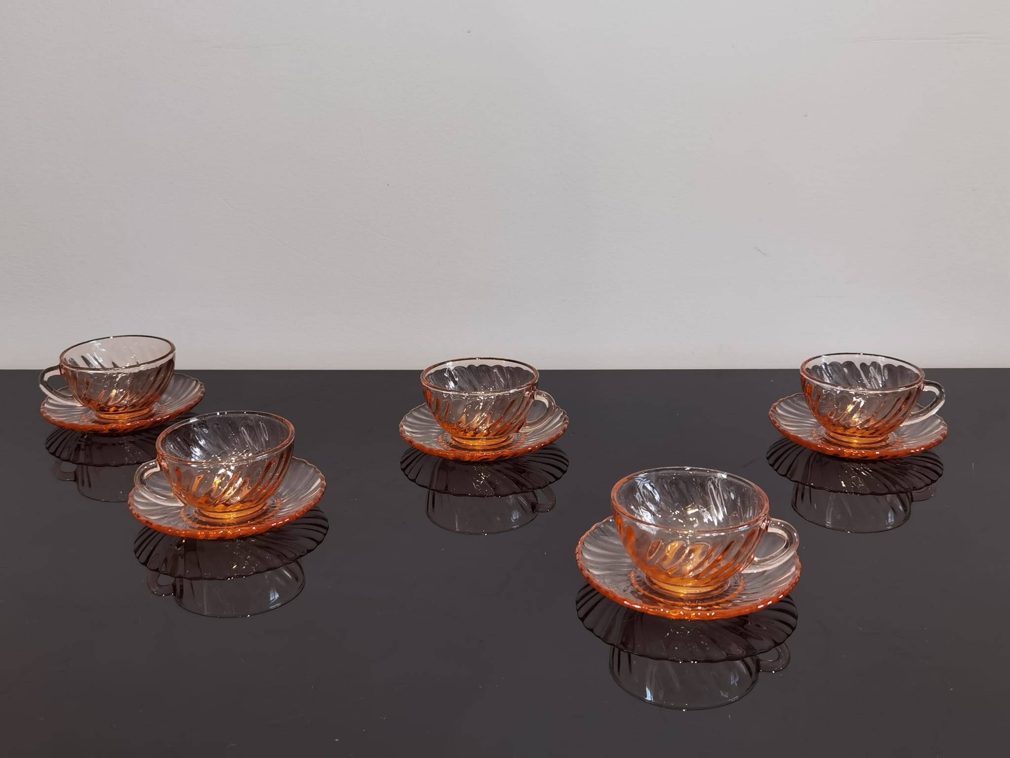 5 Rosaline Arcoroc twisted pink glass cups and saucers