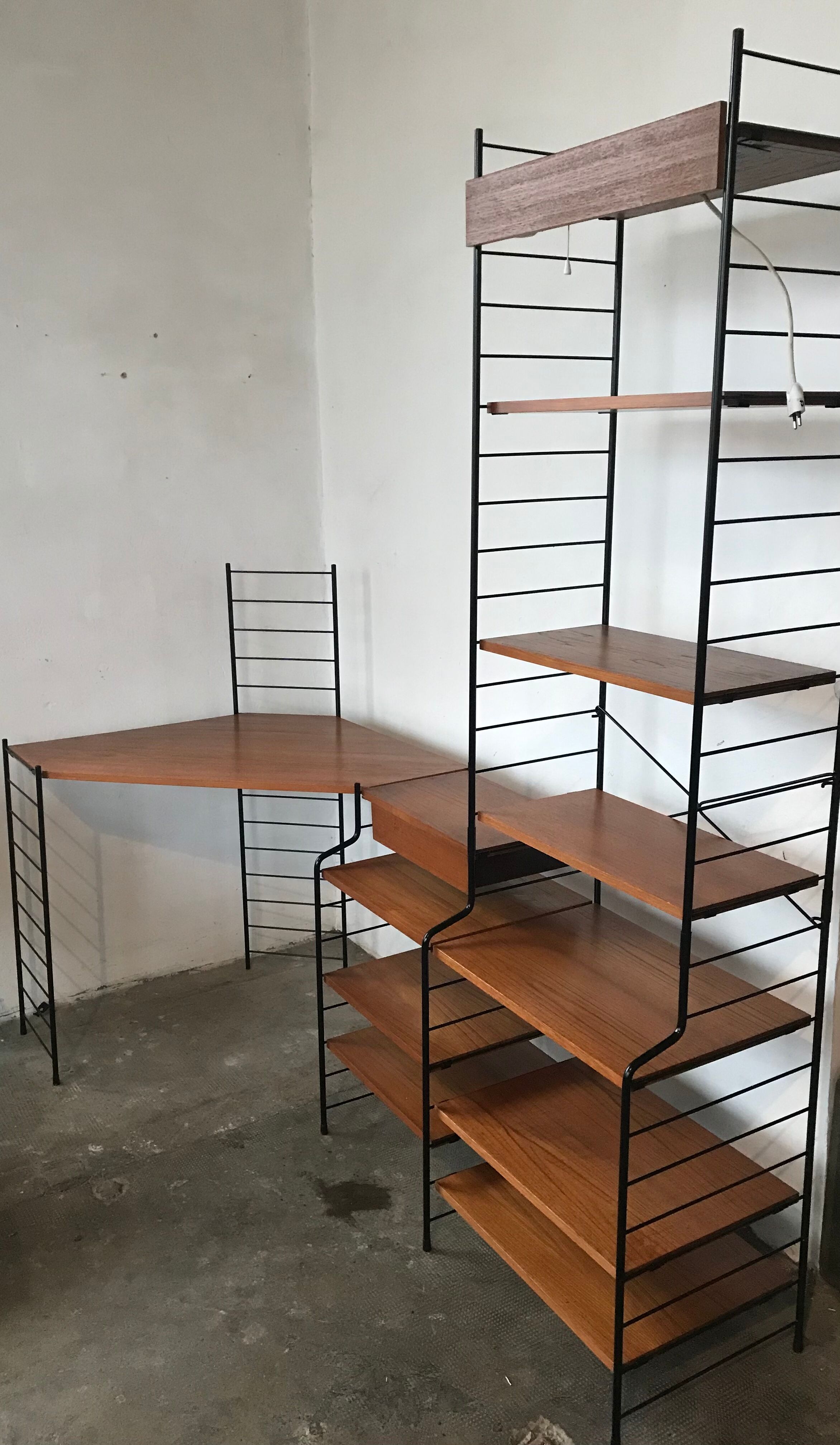 Modular vintage string wall shelf system with 1960-1980's desk