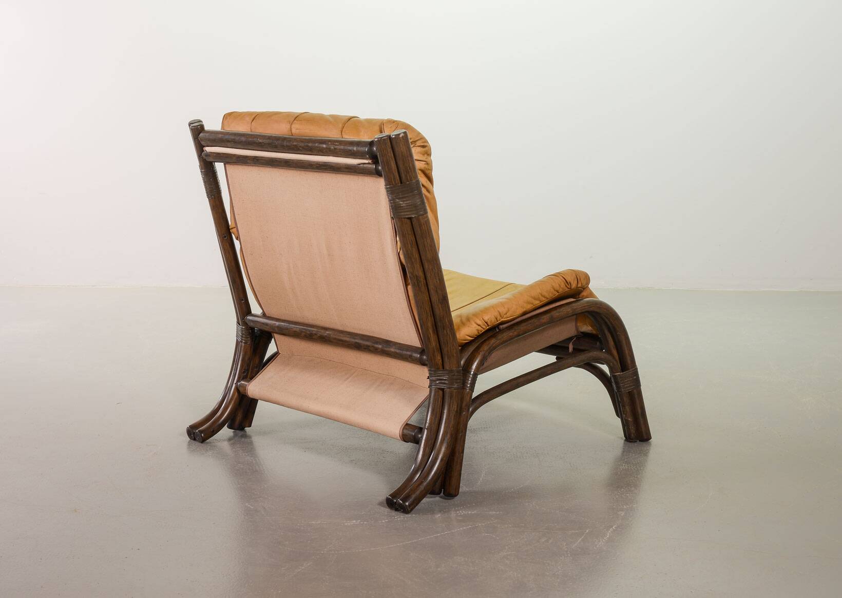 Brutalist Bentwood Bamboo Lounge Chair with Caramel Leather Upholstery, 60s