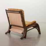 Brutalist Bentwood Bamboo Lounge Chair with Caramel Leather Upholstery, 60s