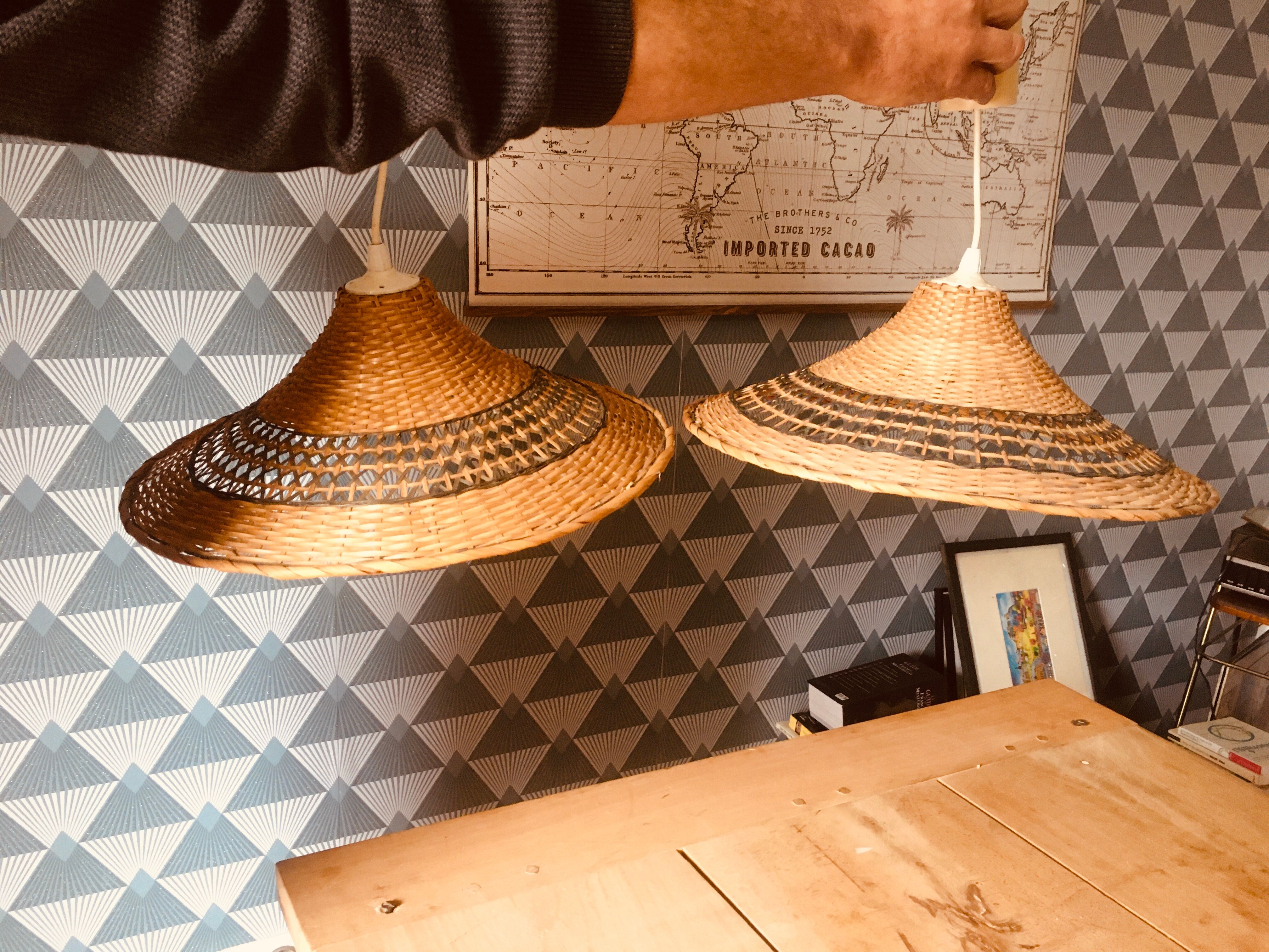 Pair of vintage wicker hanging lamps