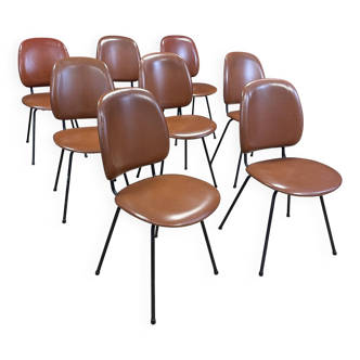 Set of 8 retro bistro chairs in cognac leatherette and black steel legs
