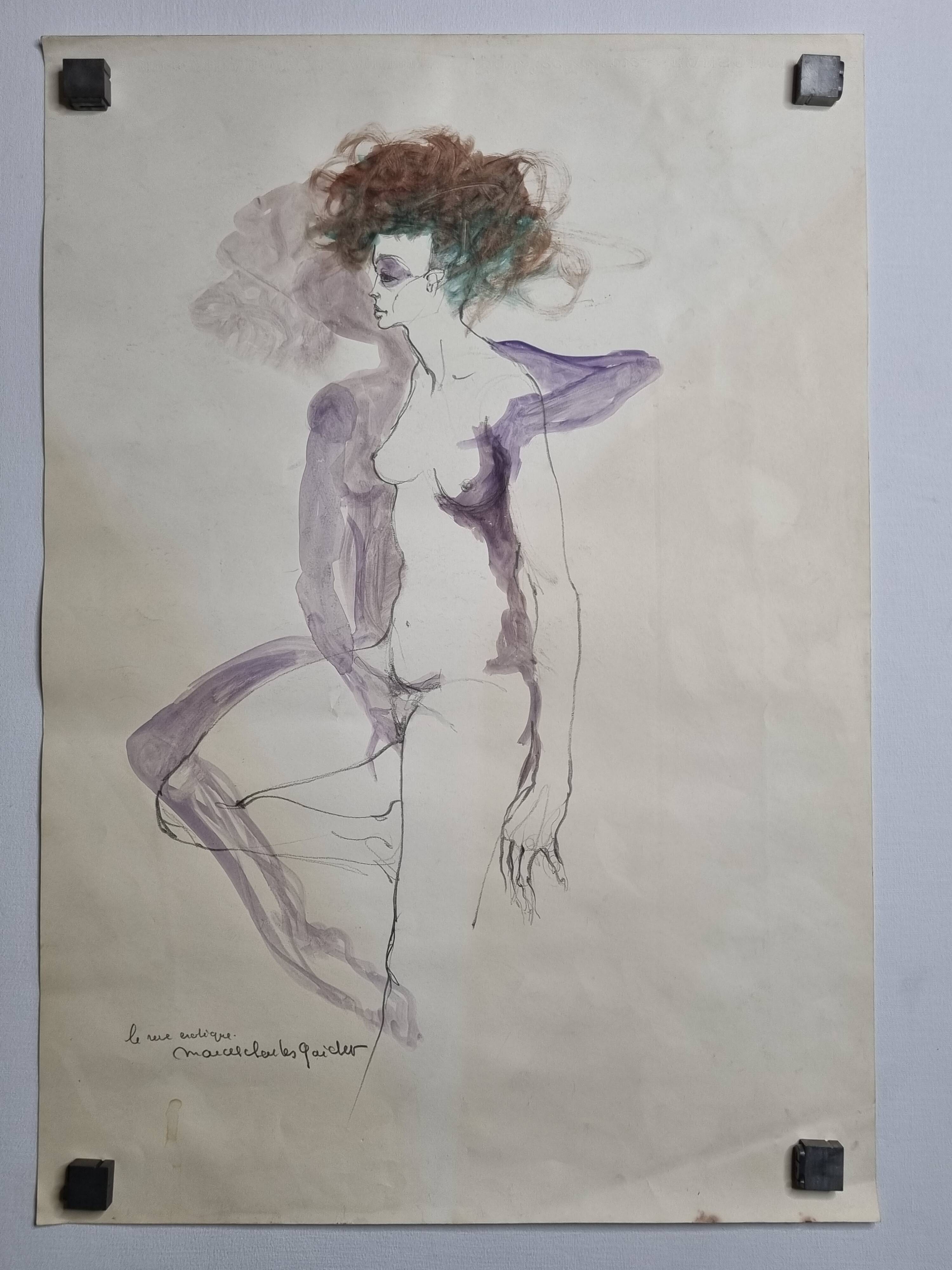 Original watercolor graphite sketch "the erotic dream" signed by Macel Charles Gaichet