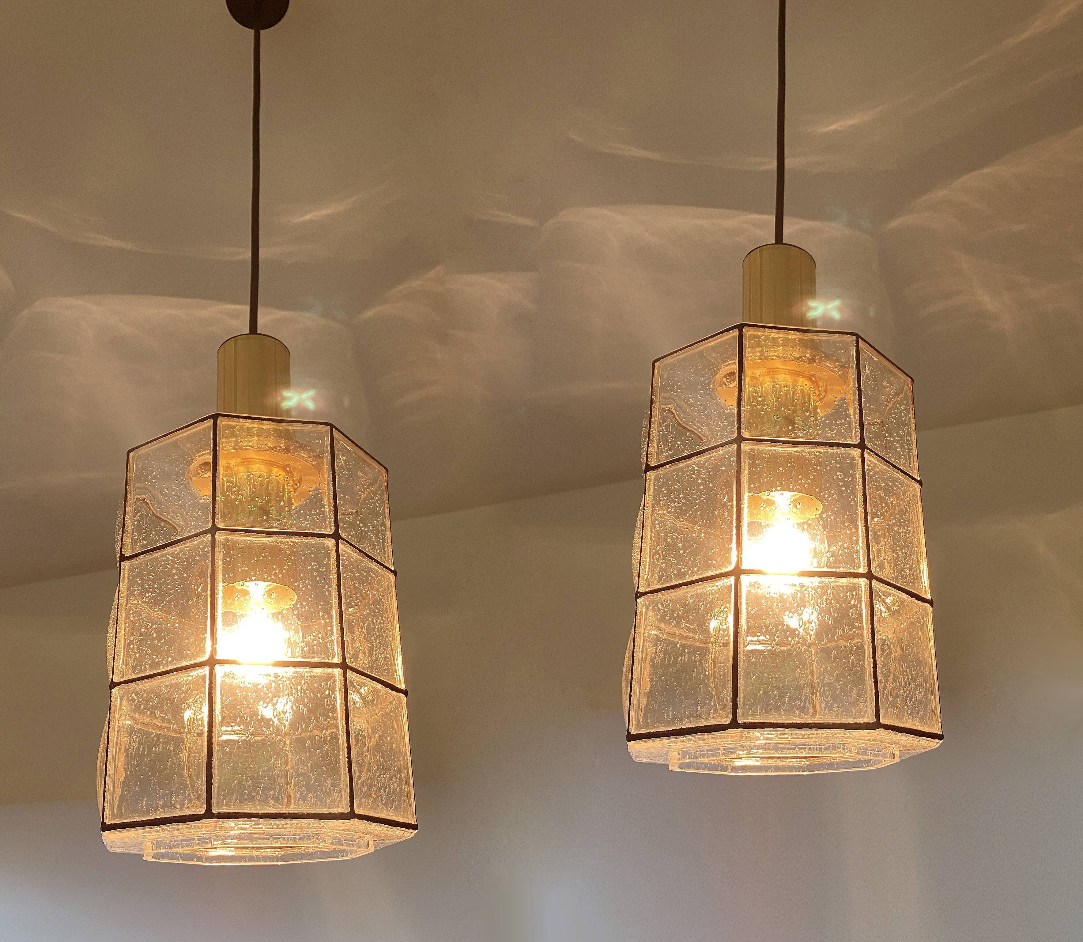 Pair of pendant lamps vintage limburg, glass & brass, 70s