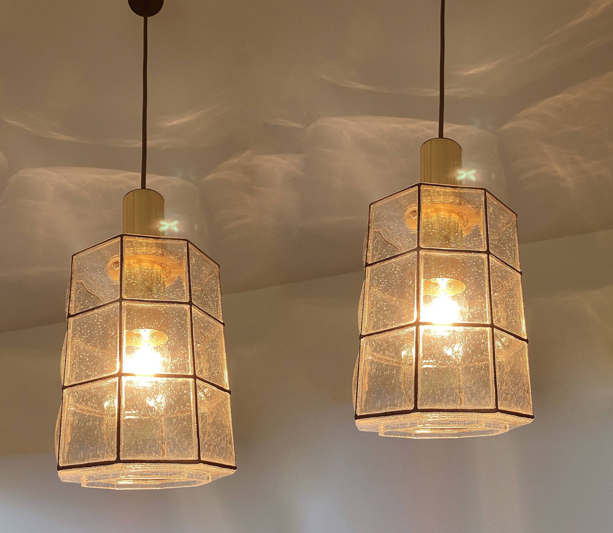 Pair of pendant lamps vintage limburg, glass & brass, 70s