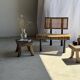 Small stool, rectangular solid teak side table with curved legs.