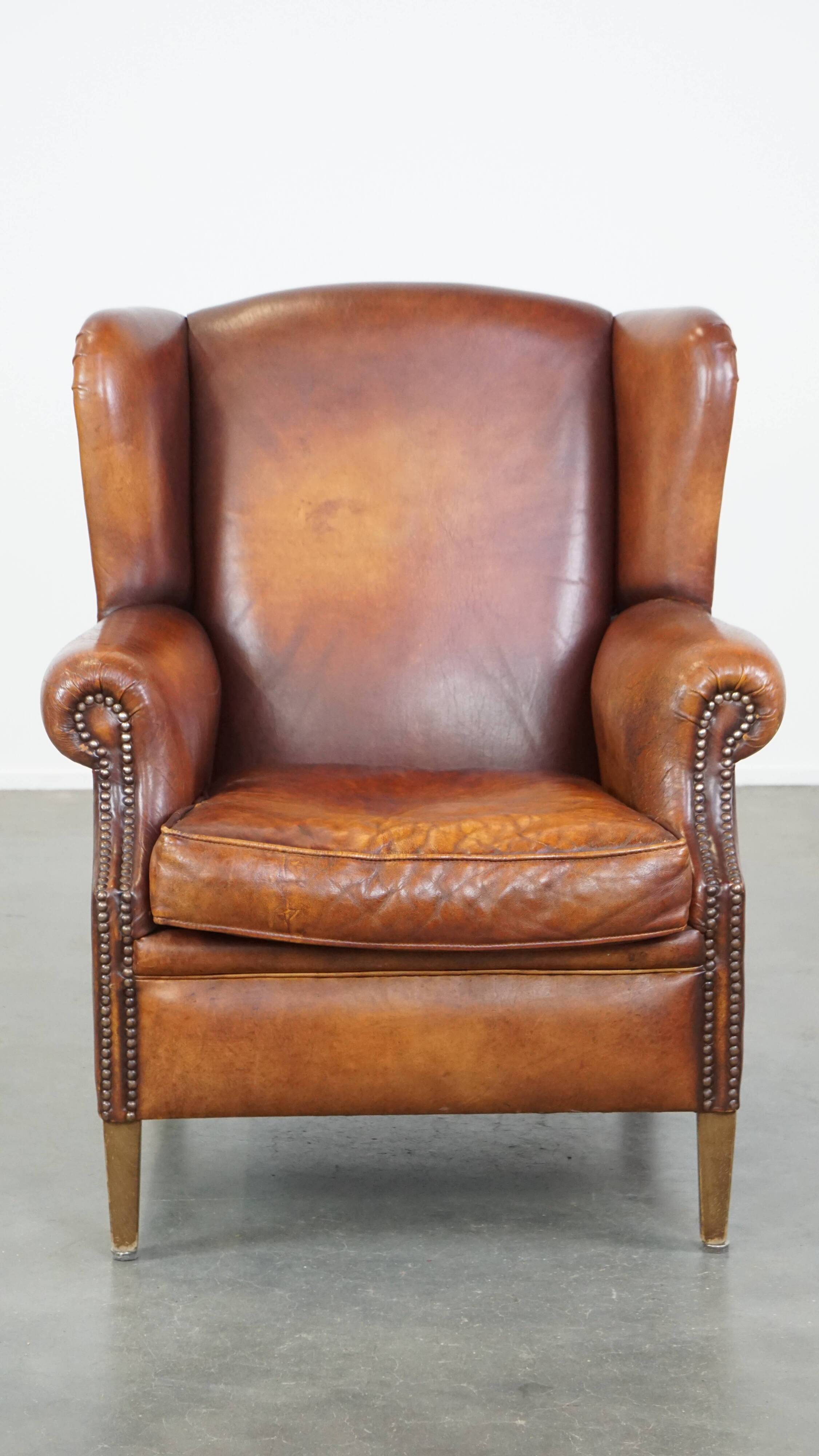 Vintage English-Style Sheepskin Leather Wingback Armchair