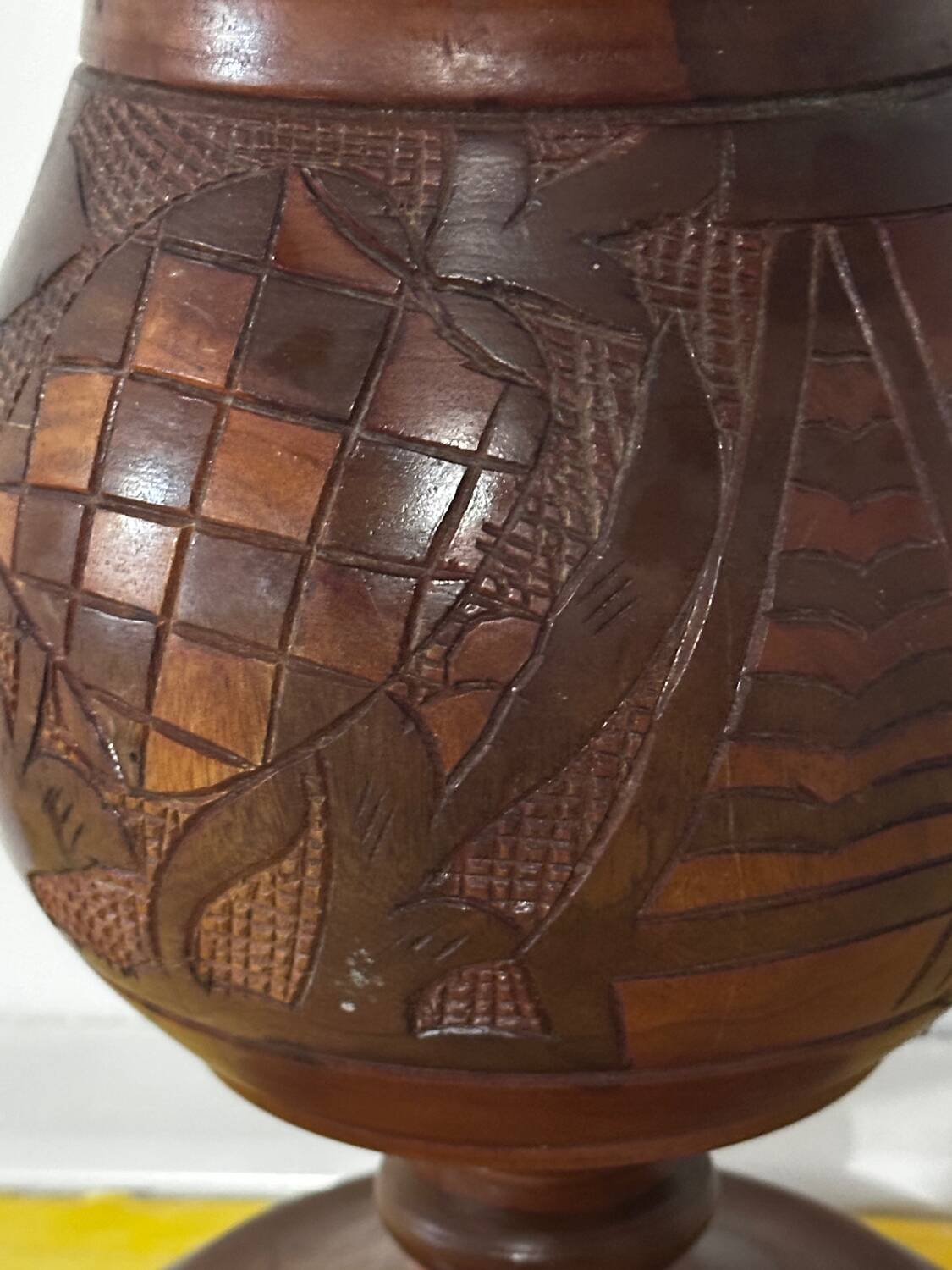 Vintage Turned and Carved Wooden Vase - Vine Decor H 28 cm