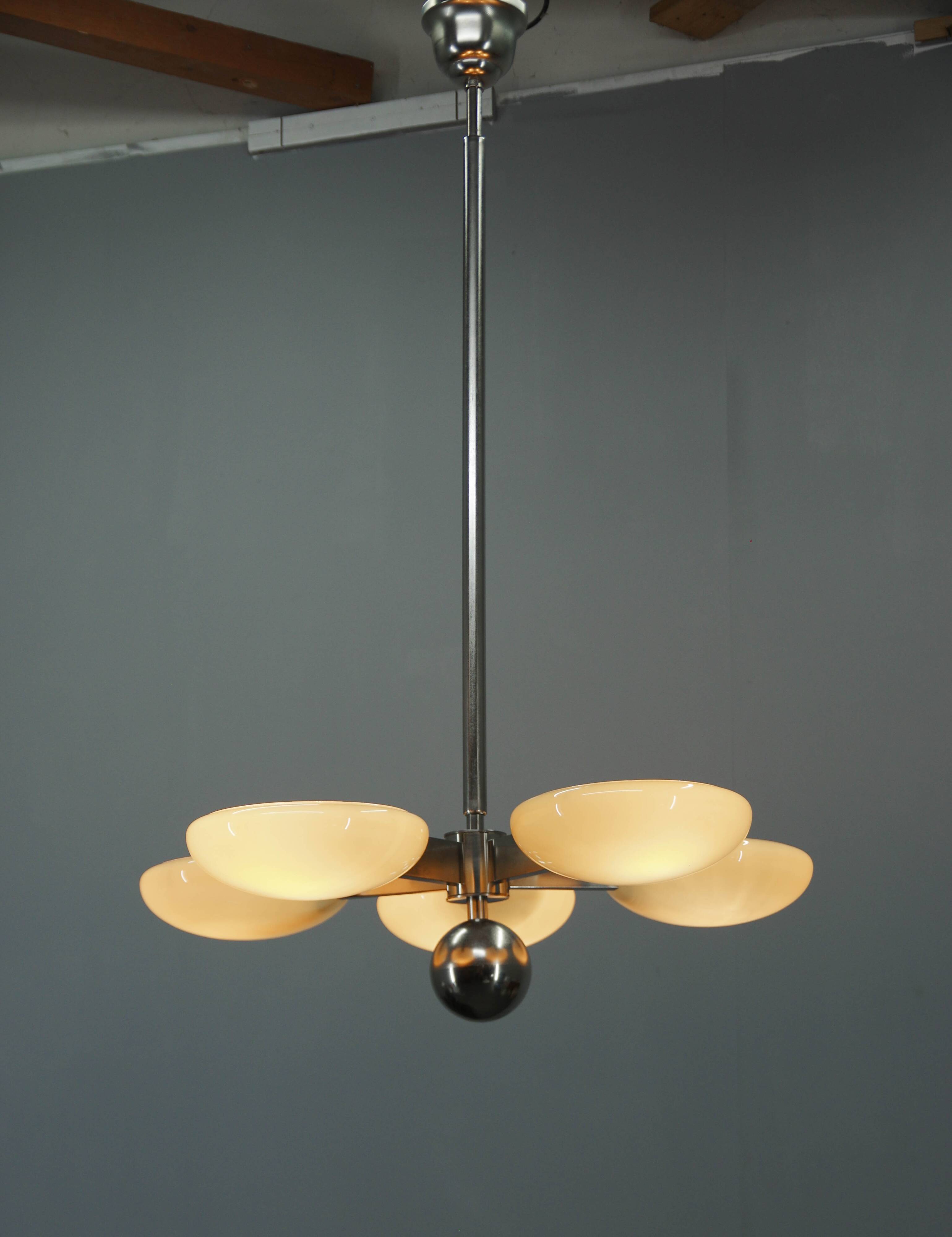 Exceptional Art Deco Functionalist Nickel-Plated Chandelier, 1930s