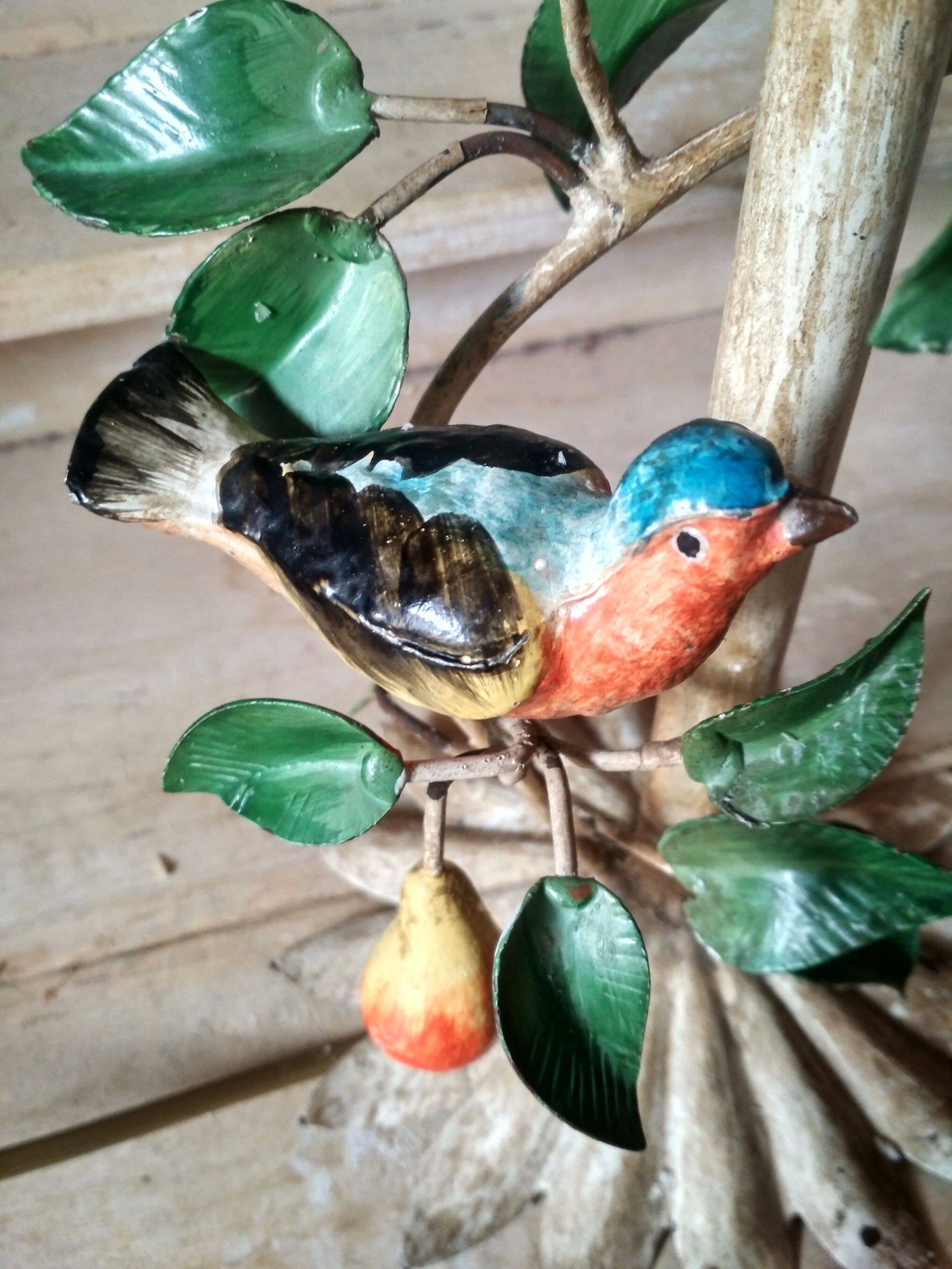 Painted metal candle holder lamp - wrought iron fruit and bird lamp base