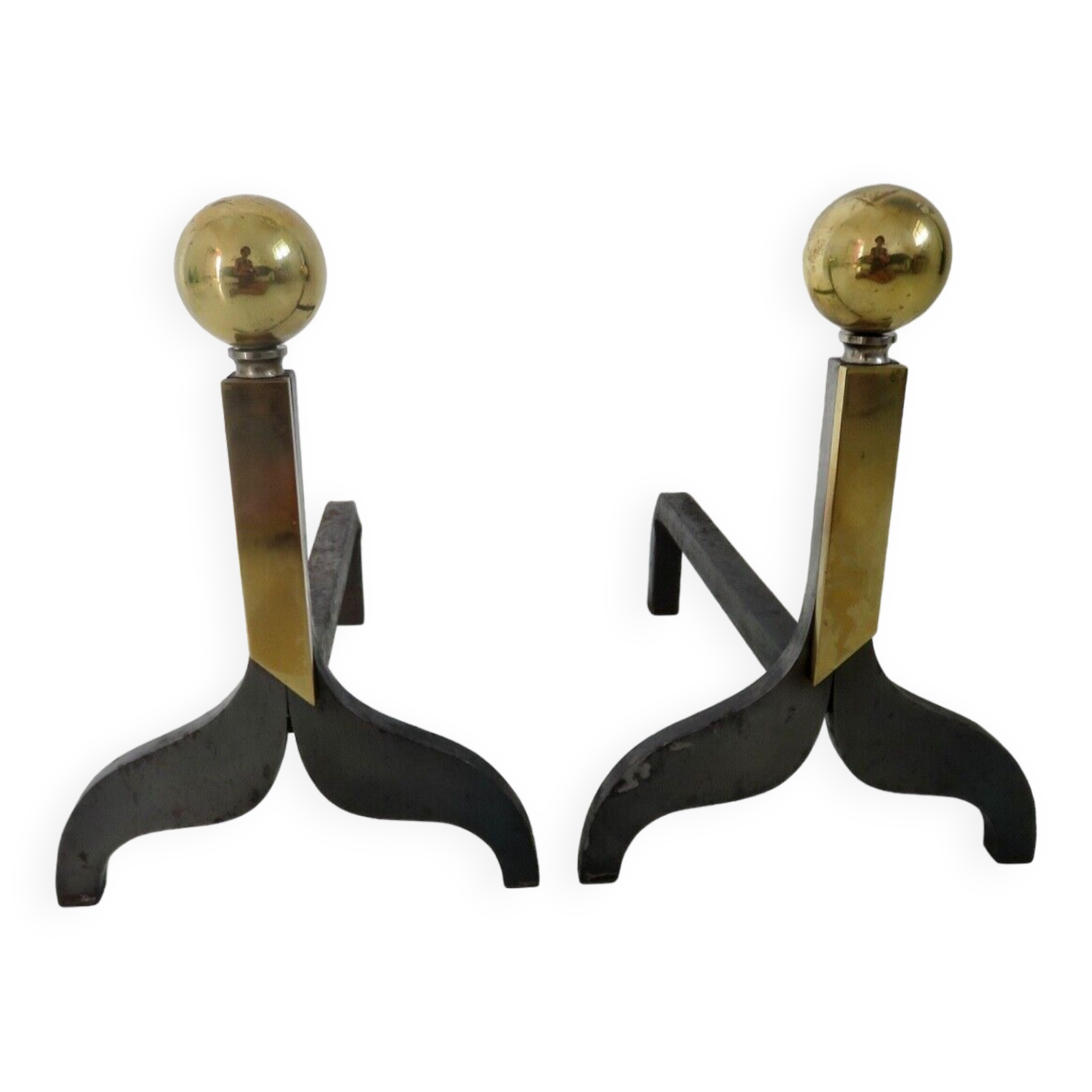 Pair of modernist steel and brass andirons