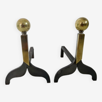 Pair of modernist steel and brass andirons