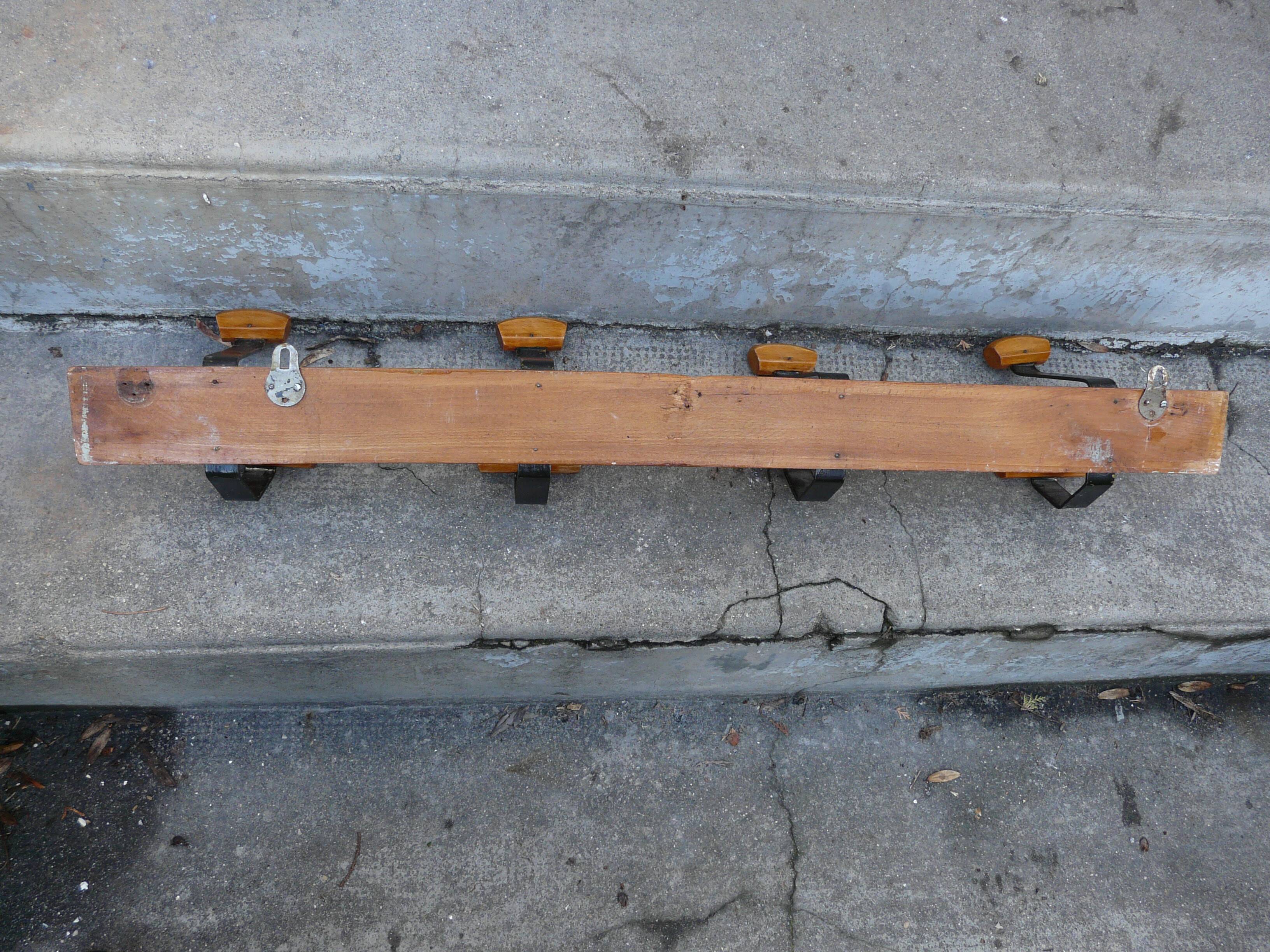Scandinavian wall coat rack in wood and metal 8 hooks 60s 70s