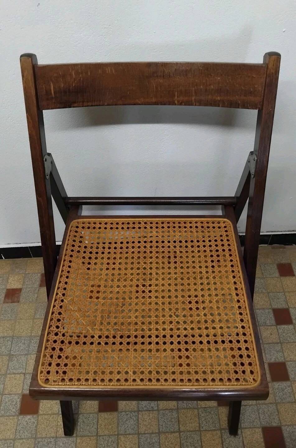 Set of 4 vintage 1970s folding chairs in wood and caning