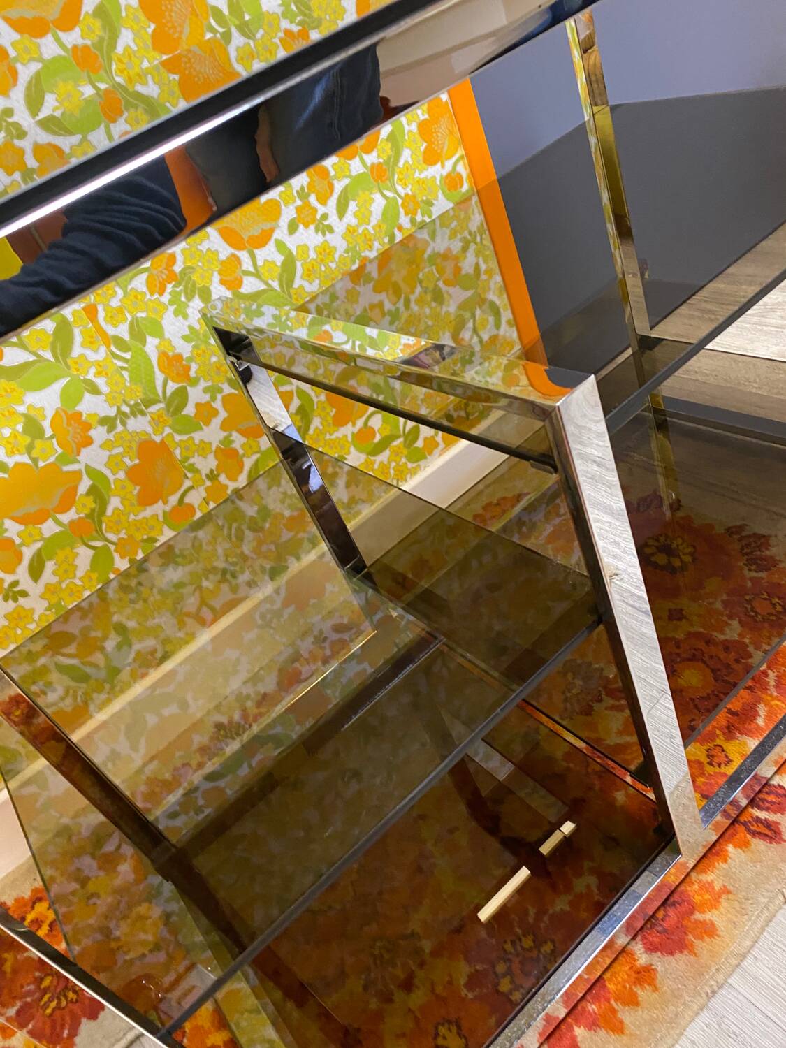 Vintage 70s chrome and smoked glass console