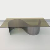 Table basse rectangulaire Space Age vintage en acier et verre fumé