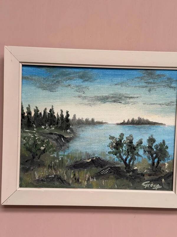 Swedish oil on canvas “Lakeside” attributed to Kulo Green, vintage & framed 29×24cm