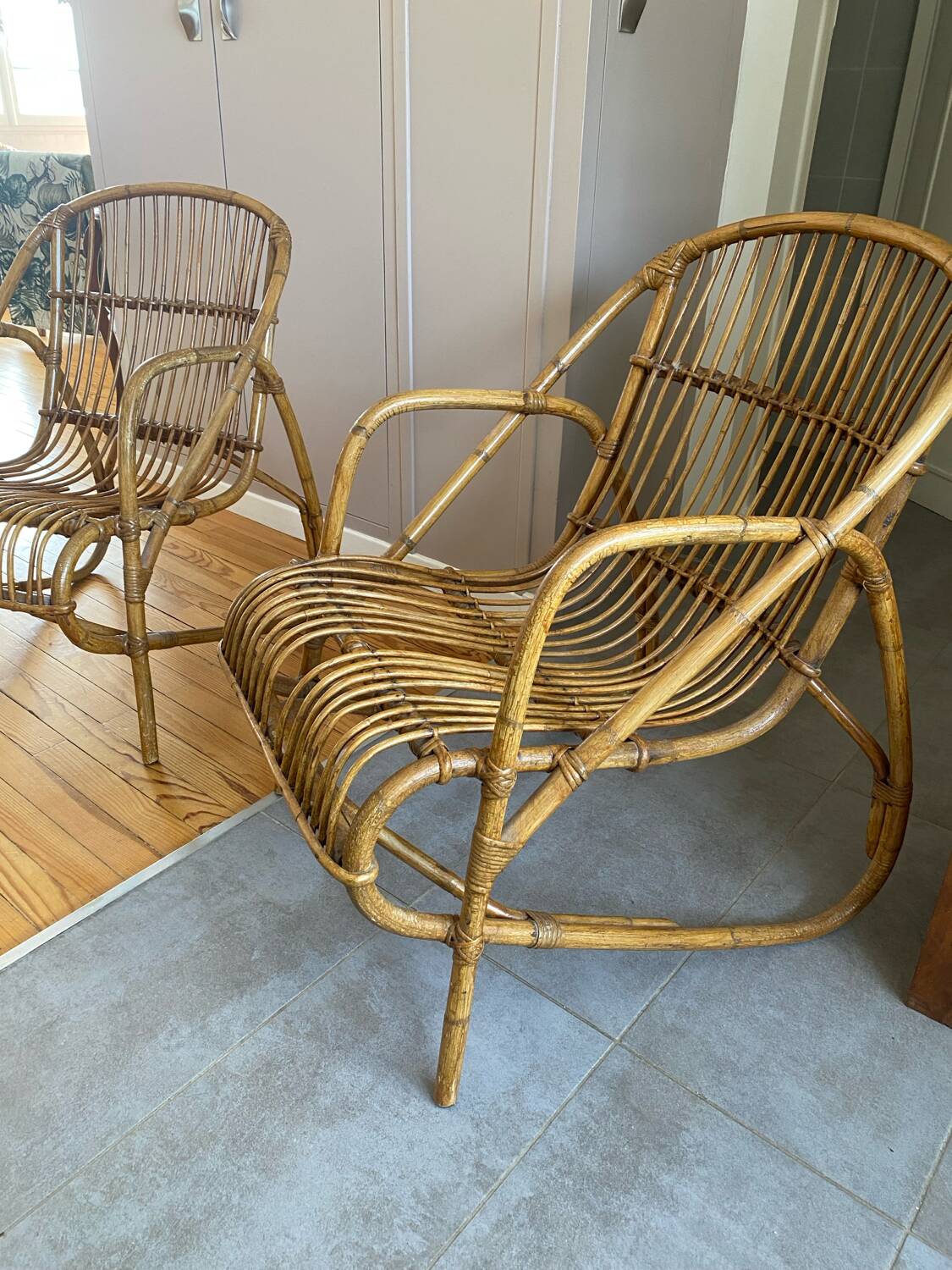 Rare pair of vintage rattan and wicker armchairs from the 1950s