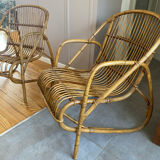 Rare pair of vintage rattan and wicker armchairs from the 1950s