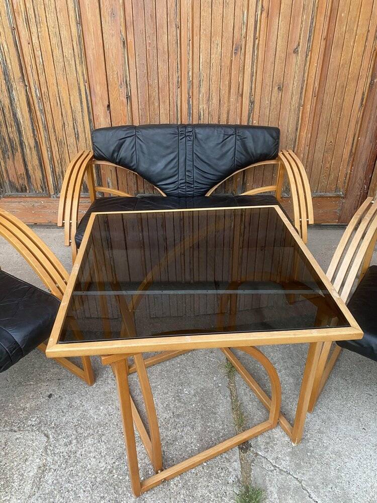 Ensemble mid-century 4 pièces cuir noir et bois clair : canapé 2 places, 2 fauteuils, table