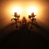 Pair of golden wall sconces and porcelain flowers