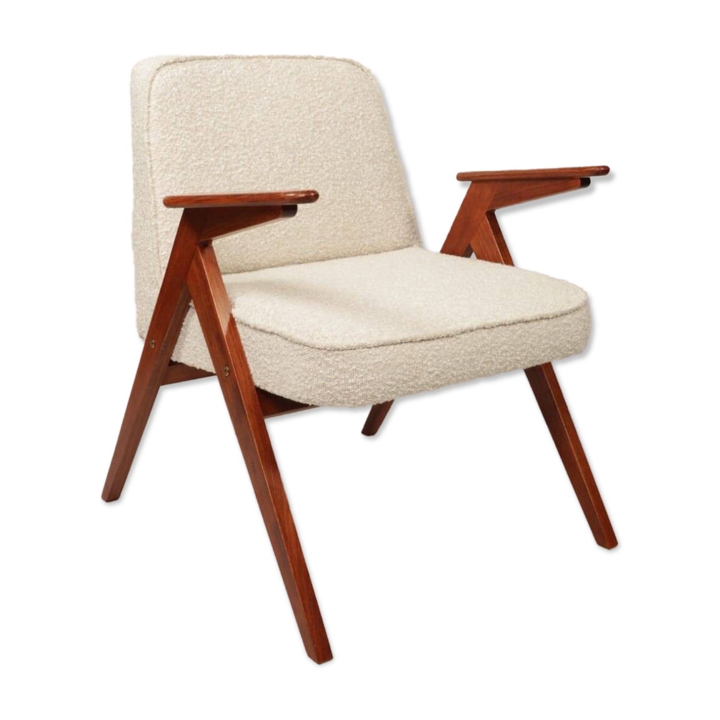 Fauteuil Bouclè de J. Chierowski, 1960 Pologne, Fauteuil en bois Design scandinave