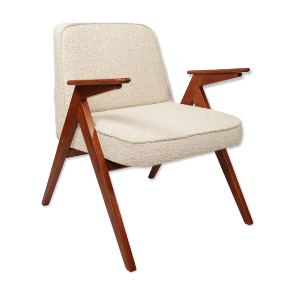 Fauteuil Bouclè de J. Chierowski, 1960 Pologne, Fauteuil en bois Design scandinave