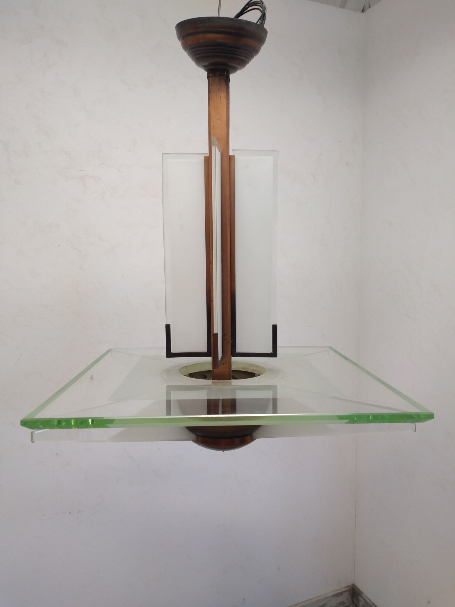 Modernist art deco chandelier/pendant lamp in glass and metal