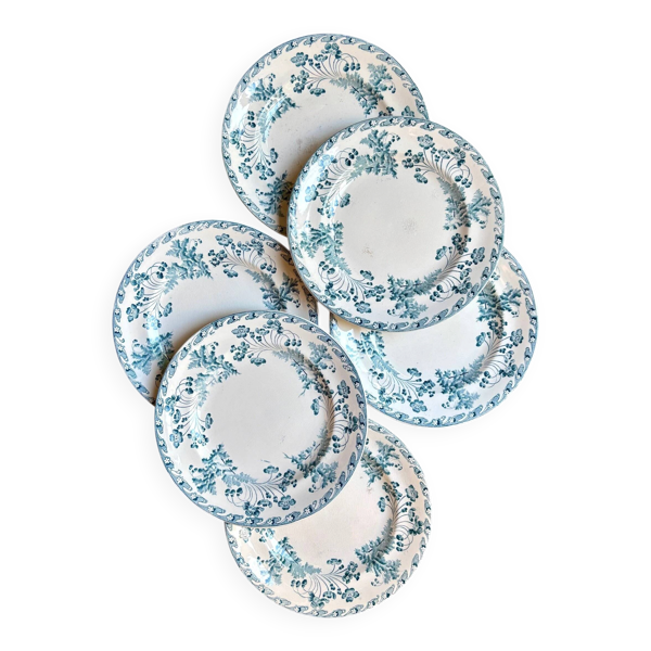 6 assiettes plates Longwy en terre de fer bleue, service ''Chartres