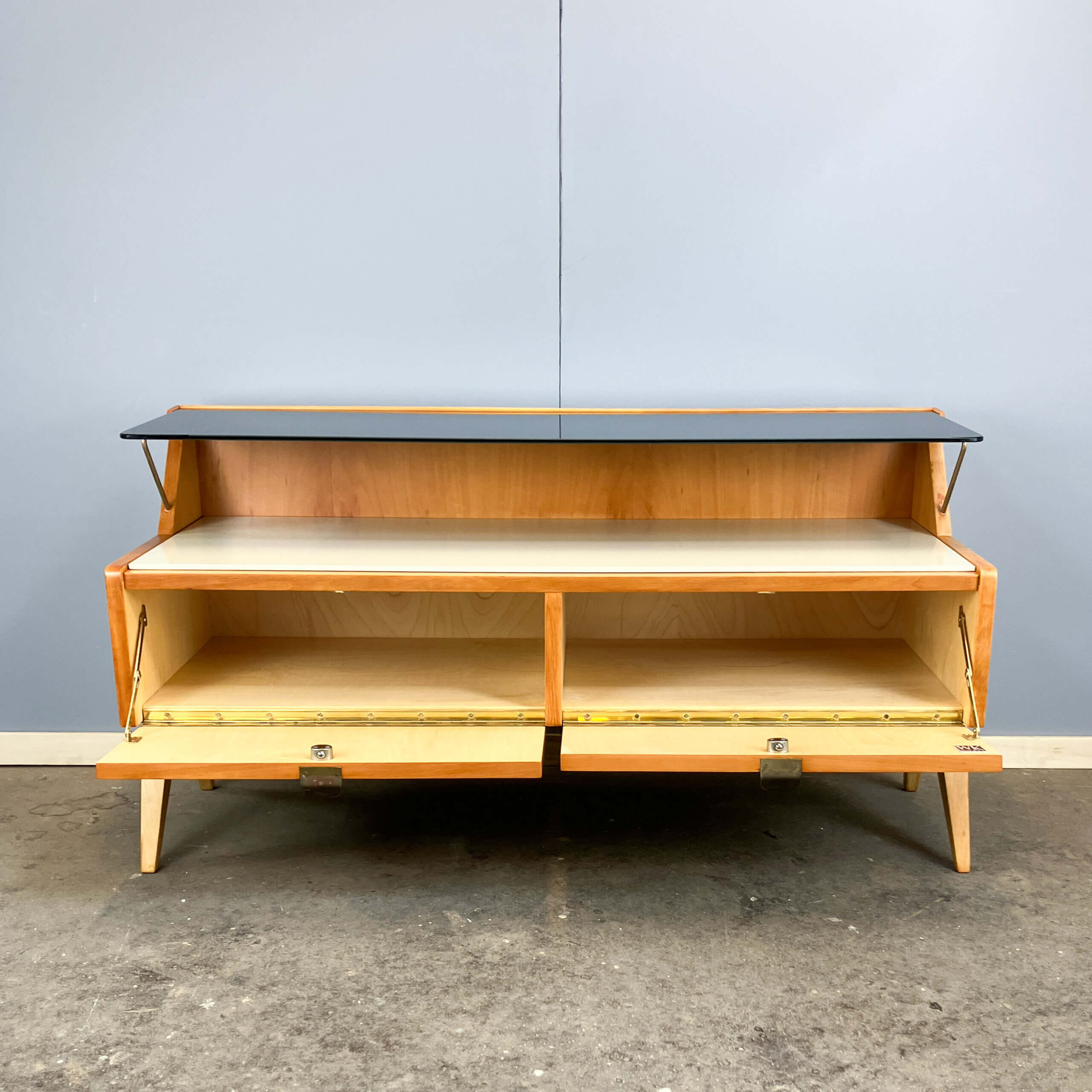 Small chest of drawers by WK Möbel with black and white glass top, pear wood, 1950s